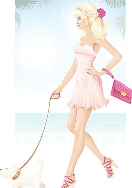海边休闲度假遛狗美女图片