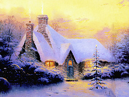 黃昏大雪覆蓋的小屋