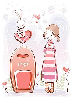 郵筒邊拿著信件的女孩圖片