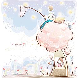 坐在樹上兜星星的男孩圖片