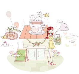 咖啡屋外喝飲料的女生圖片