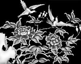 月季花鸟灰度图