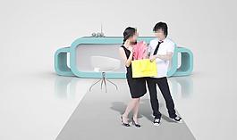 購(gòu)物女人與展臺(tái)PSD素材