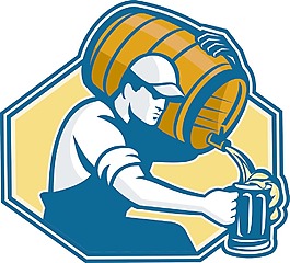 酒保工人从桶杯啤酒
