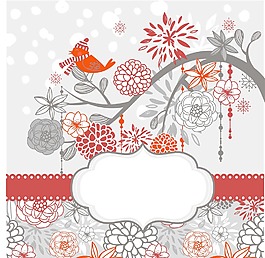 圣誕卡片模板與鳥和降雪紅色和灰色的顏色冬季分支