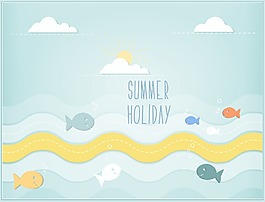 夏天的太阳矢量图和鱼类的云海