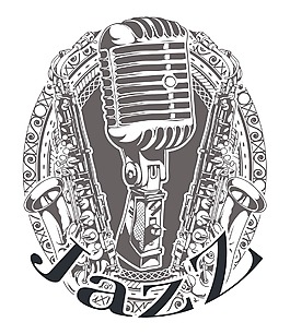 麥克風(fēng)和薩克斯管復(fù)古T恤設(shè)計向量的音樂框架