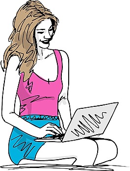 用筆記本電腦插畫矢量的年輕女子的素描