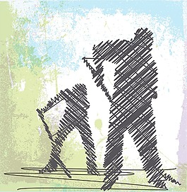 工人用铁锹挖摘要素描插画矢量