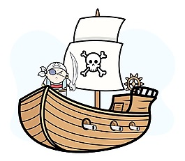 眼睛補丁的海盜船長海盜船卡通插畫矢量