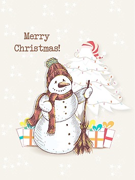 圣誕節(jié)插畫矢量與雪人、圣誕樹