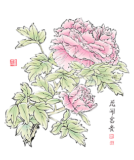 書(shū)法藝術(shù)的中國(guó)牡丹平移向量的水墨畫(huà)：紅郵票繁榮翻譯：梅花好運(yùn)