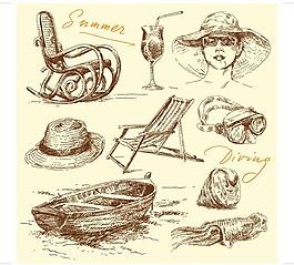 手繪線稿夏季海灘素材矢量圖