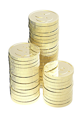 黄金的美元硬币堆孤立在白色的背景