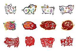 色彩斑斓剪纸猪矢量图