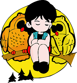 坐在樹枝上的男孩和貓頭鷹