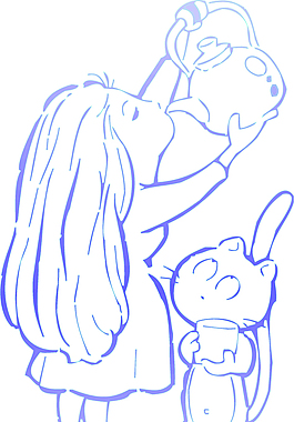 喝水的小女孩和小貓