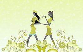 時尚女人與花紋矢量圖37