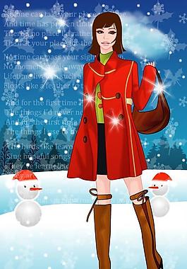 冬天女性雪景矢量圖