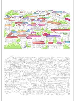 水彩城市-房子矢量圖