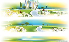 道路花朵高樓大廈矢量圖