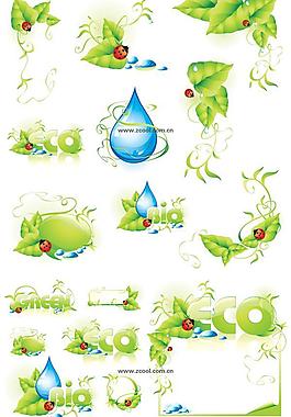 綠葉植物瓢蟲水滴花邊矢量圖