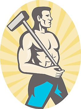 用大錘側視圖的工人