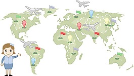 動漫女孩表現出不同的地方在世界地圖矢量