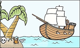 海盜船和熱帶島嶼-卡通插畫矢量