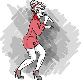 性感女人對著麥克風歌唱素描插畫矢量