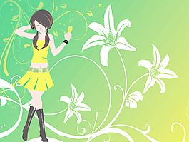 矢量跳舞的女孩和花的绿色壁纸