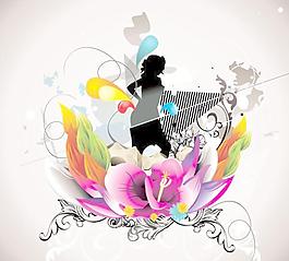 時(shí)尚美女與花紋矢量素材5