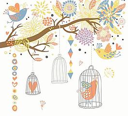 鳥語花香插畫背景矢量素材5