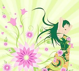 美女與花紋矢量素材