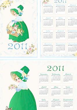 2011年女孩插畫日歷矢量素材