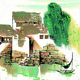 江南夏季风景水墨画