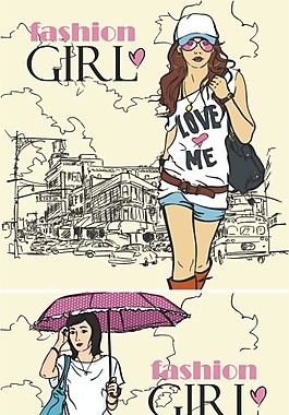 都市女孩 印花 背景矢量下載