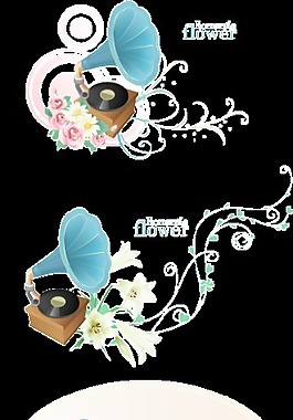 潮流花纹花朵与留声机矢量素材