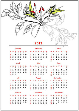 典雅花朵白色2013年日历