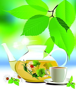 矢量素材綠葉茶壺背景