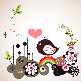 矢量素材可愛花朵小鳥插畫