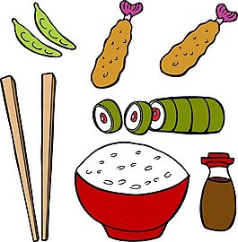 米飯壽司筷子毛豆炸雞醬油