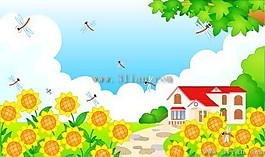 鮮花,蜻蜓,小屋