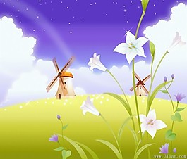 美麗的鮮花和風車