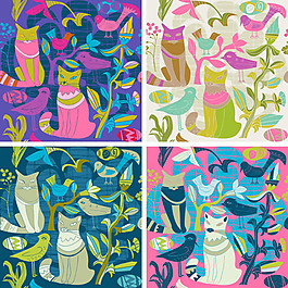 卡通裝飾風(fēng)格鳥和貓素材