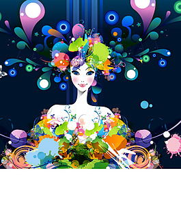 彩墨花纹美女矢量图下载