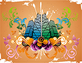 潮流花紋與建筑矢量圖下載
