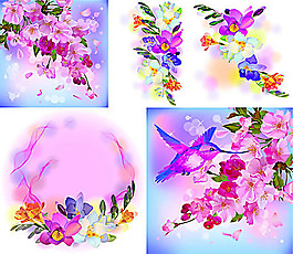 夢幻色彩盛開鮮花矢量素材