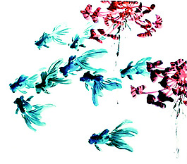 古典水墨畫金魚 池塘魚