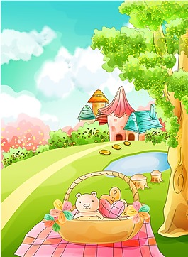 玻璃移門圖片卡通畫(huà)風(fēng)景籃子里的小熊
